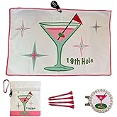 Giggle Golf Martini Par 3 Pack for Women, Microfiber Waffle Weave Golf Towel, Tee Bag with Tees and Bling Ball Marker with Magnetic Hat Clip (19th Hole)