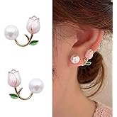 YienDoo Boho Pearl Ear Cuff Wrap Tulip Flower Jacket Statement Piercing Stud Gold Flora Front Back Climbers Crawler Earrings Jewelry for Women