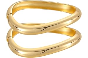 Emibele Gold Bangles for Women, 2PCS Irregular Chunky Gold Bracelet Hinged Open Bangle Bracelets for Women, Fashion Wide Arm 
