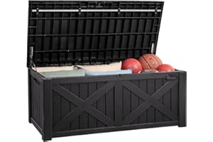 YITAHOME 120 Gallon Large Deck Box w/Flexible Divider & Storage Net, Resin Outdoor Storage Boxes, Waterproof Cushion Storage 