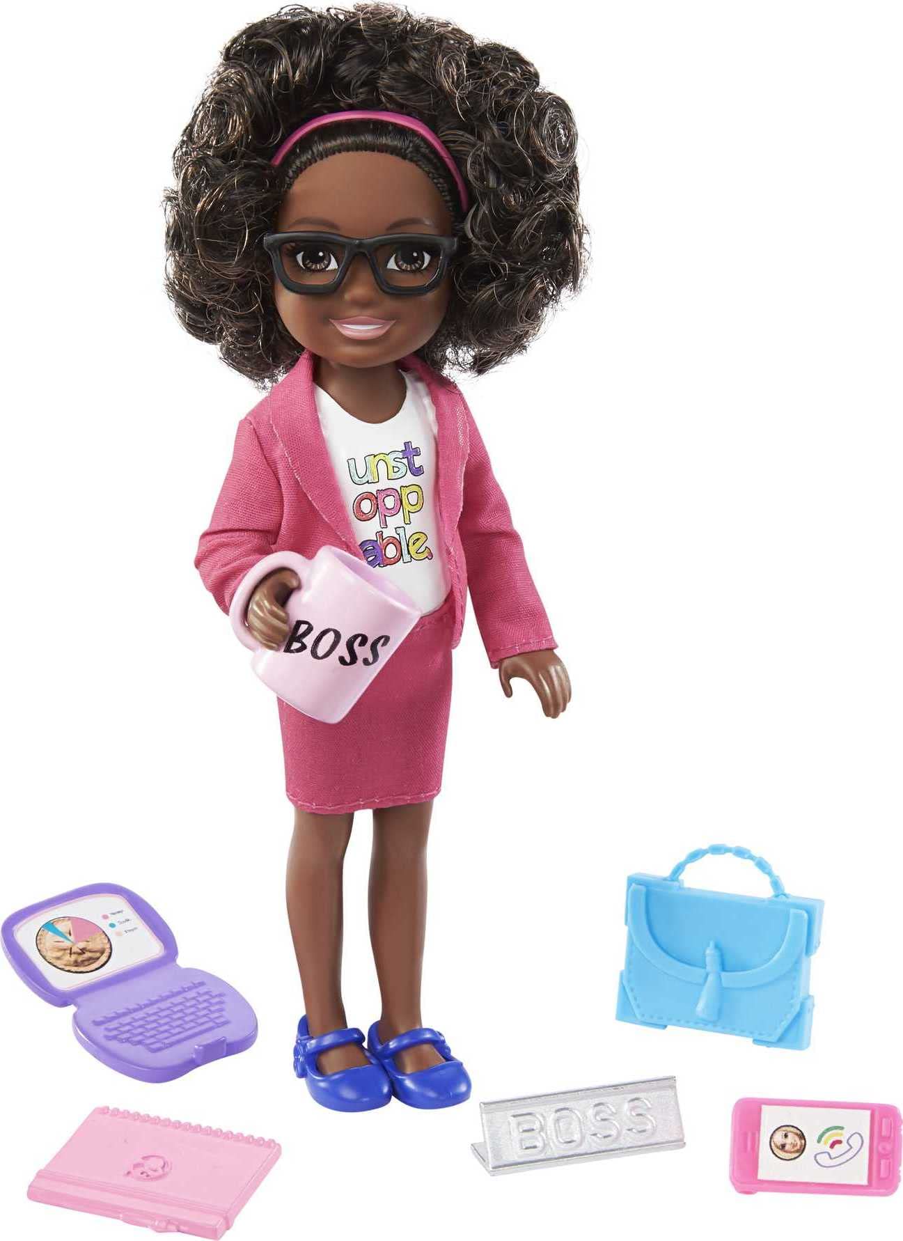 Barbie GTN93​ Chelsea Can Be Playset with Brunette Chelsea Boss Doll (6-Inch/15.24-cm), Briefcase, Computer, Cell Phone, Planner, Mug, Desk Plate, Great Gift for Ages 3 Years Old & Up ​, Multicolor