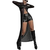 OYOANGLE Women's Lace Up Mesh Sheer Long Shirt Grommet Eyelet Long Sleeve Mock Neck Blouse