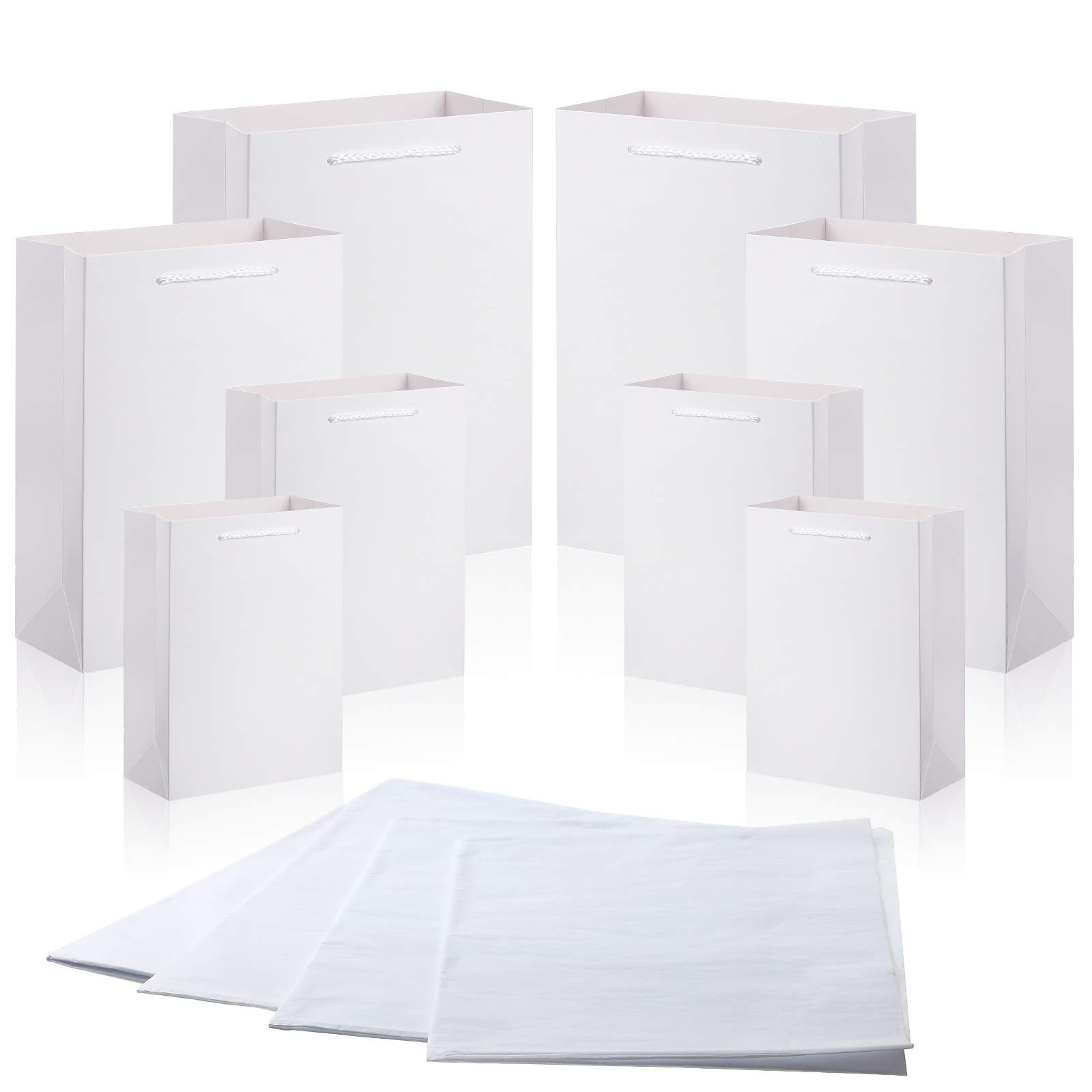 24 Pieces Kraft Paper Bags with 24 Pieces Copy Papers 4 Different Sizes Paper Bags Paper Shopping Bags in 6 Inches 8 Inches 11 Inches and 13 Inches for Birthday Graduations Parties Wedding (White)