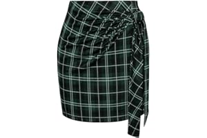 Kate Kasin Women's Plaid Skirt Elastic High Waist Bow Tie Stretch Bodycon Pencil Mini Skirts