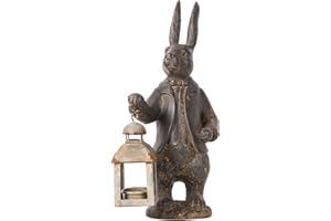 NIKKY HOME Easter Bunny Decorations, Vintage Resin Bunny Figurine with Lantern, Metal Rabbit Tealight Candle Lantern Holder Rabbit Outdoor Statues Gift for Garden Home