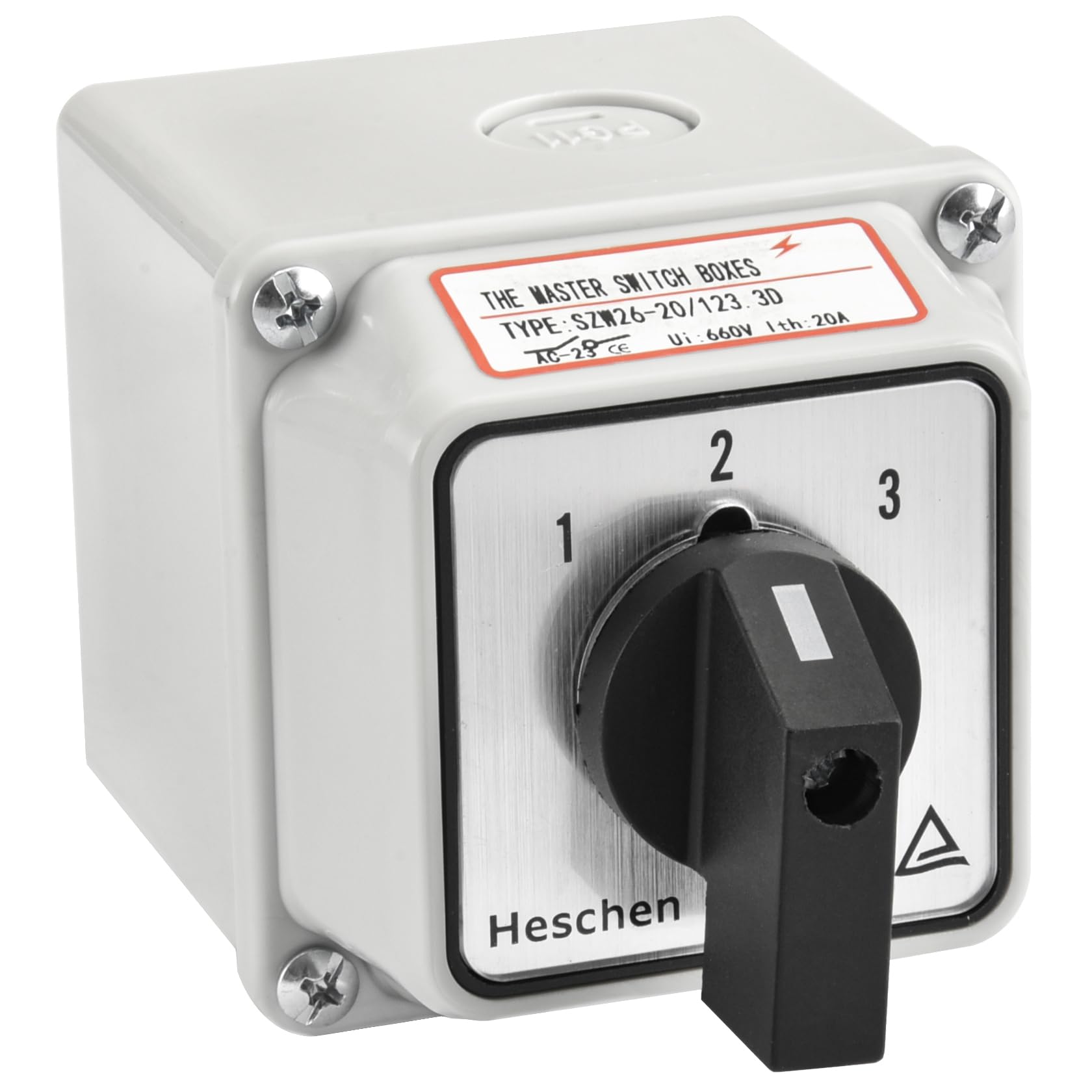 Heschen Universal Rotary Cam Selector Changeover Switch SZW26-20/123.3D 660V 20A 3 Position 3 Phase 12 Terminals, with Master Switch Exterior Box LW28-20/4
