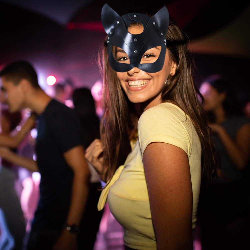 Uyuke Sexy Leather Cat Mask Women Cat Head Mask Halloween Carnival Party Mask Catwoman Cosplay Face Mask