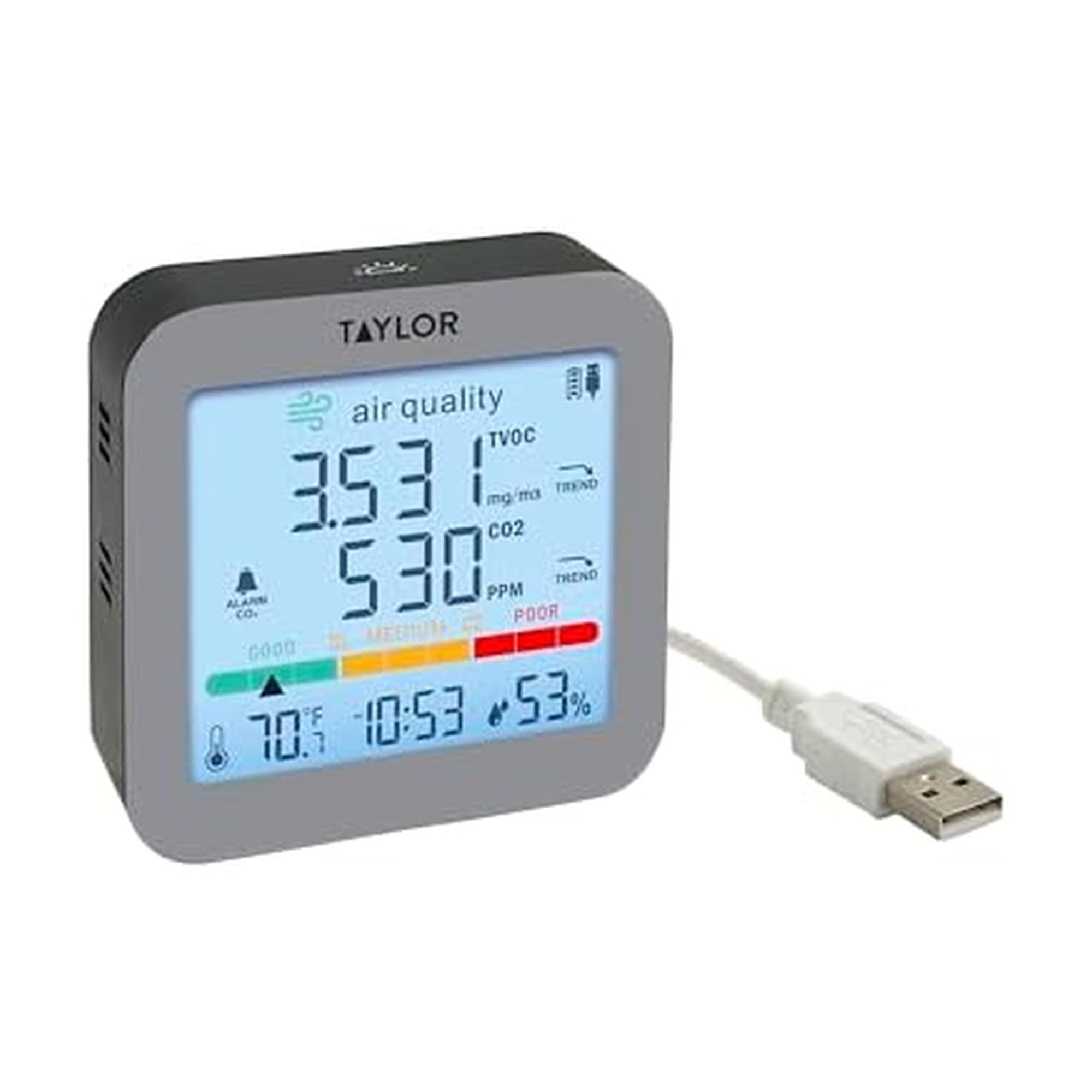 Photo 1 of Taylor Digital Air Quality Monitor with USB Power Cord and Wall Plug, TVOC and CO2 Monitor, Easy-to-Read Display for Home, Bedroom, Office, Greenhouse, Nursery, and Indoor Areas, LED, Silver