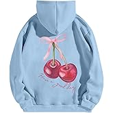 Tuislay Womens Cute Cherry Graphic Hoodie Ribbon Bow Printed Sweatshirt Drop Shoulder Aesthetic Pullover Hoodies With Pocket