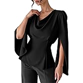 winkbay Women's Cowl Neck Satin Blouse Split Long Sleeve Peplum Tie Back Elegant Tops