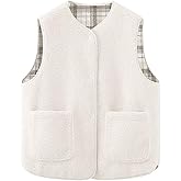 CUFEZN Women's Fleece Sherpa Vest Fuzzy Button Down Sleeveless Warm Jacket Reversible Plaid Gilet Outerwear with Pockets