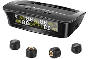 BOOTEE RV Tire Pressure Monitoring System with Solar & USB-C Charge, Trailer TPMS with 4 Sensors & 6 Alarms, Large LCD Screen, Real-Time Pressure/Temperature Monitor for Sedan, SUV, MPV, Truck(0-87 PSI)