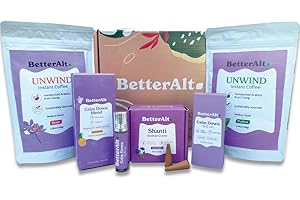 Better Alt Ayurvedic Relaxation Gift Box for Thanksgiving & Christmas| Contains Kesar & Mint Flavored Ground Coffee with Calm Blend Powder and Roll On & Lavender Incense Cones