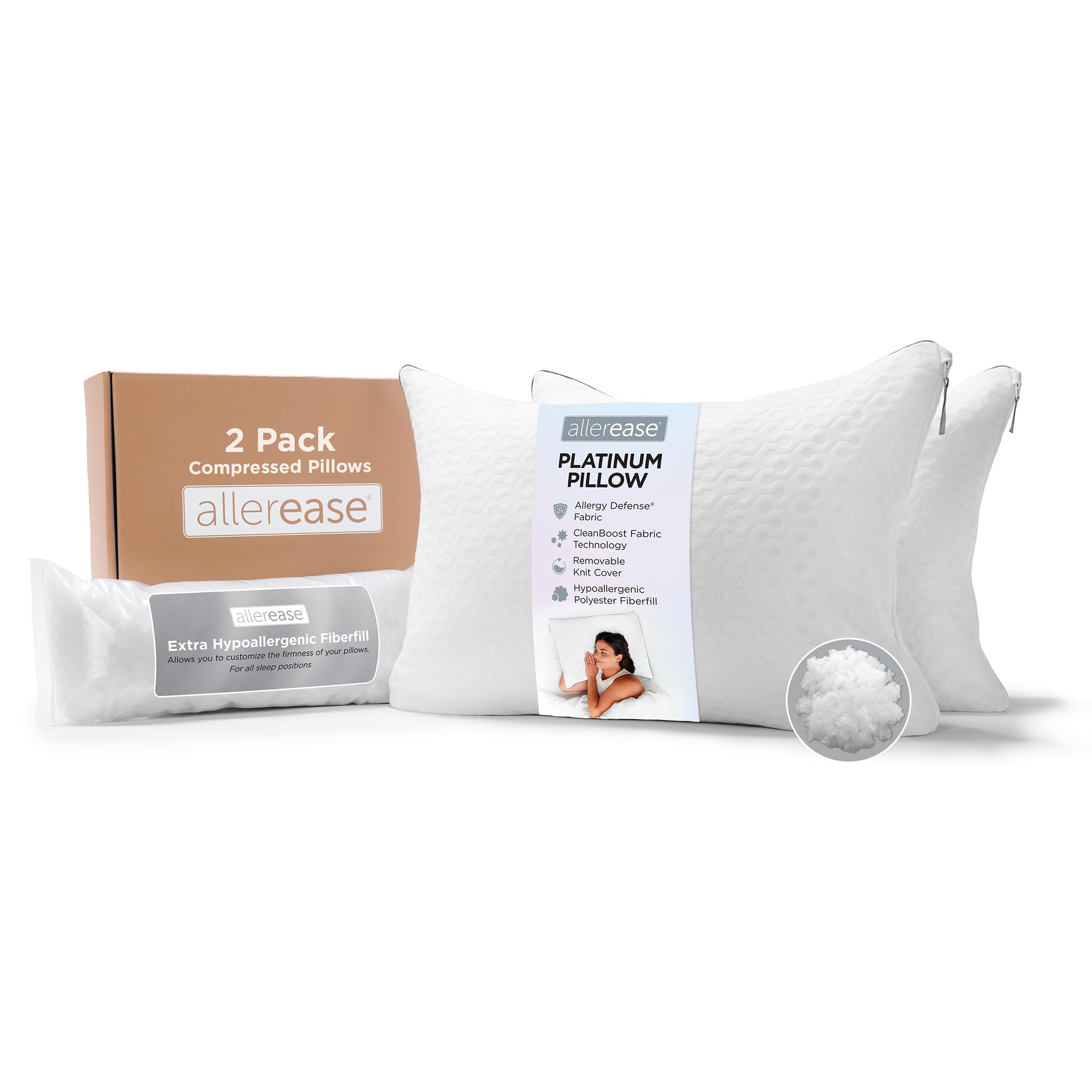 Photo 1 of ?AllerEase Platinum 2-in-1 Adjustable Pillow, CleanBoost Allergen Barrier, Extra Fill, Standard/Queen - 2 Pack
