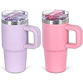 14 Oz Flip Straw Tumbler with Handle for Kids, Stainless Steel Double Wall Insulated Cup for Children with Flip Top Lid, 14 Oz Leak-proof Cups for Kids,Purple and Pink