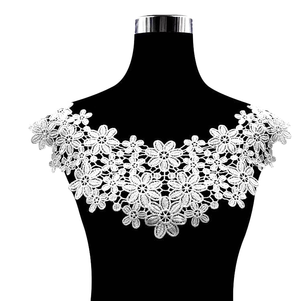 Embroidered Flower Lace Collar Appliqué, Embroidery Lace Trim Crochet Lace Patch Lace Motif Applique Patches Tipped Collar for Sewing Craft Costume Wedding Dress Wedding Dress Decoration, White