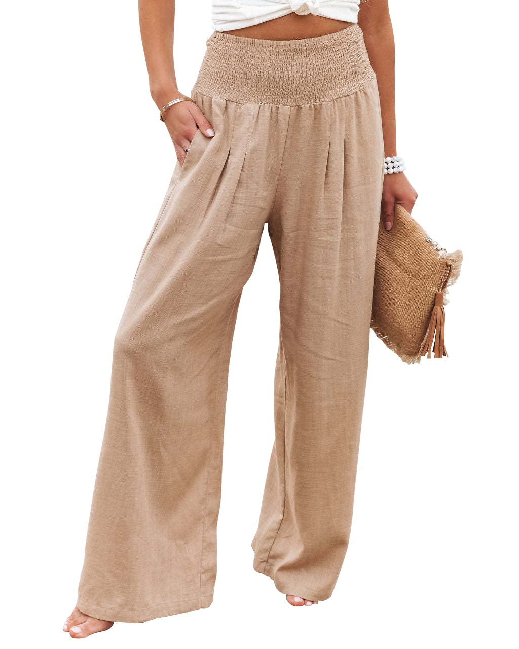Photo 1 of chouyatou Women's Smocked High Waisted Cotton Linen Wide Leg Pants Palazzo with Pockets (Large, Khaki)