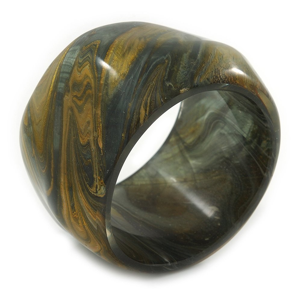 Avalaya Chunky Wide Dark Olive Green Resin Bangle Bracelet - 20cm L/Large