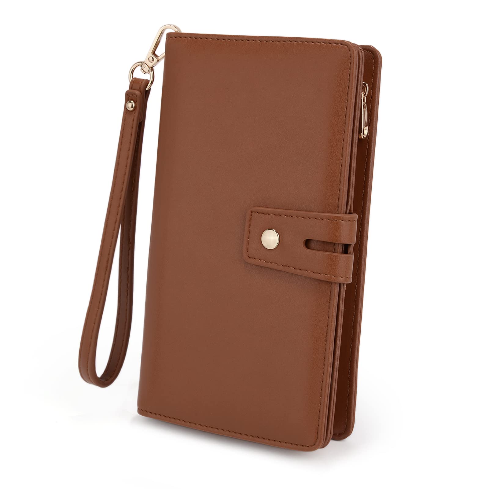 UTO Ladies Purse Wallet for Women Wristlet Phone Bag 20 Card Slots Removable Cheque Cover with Pen Holder PU Leather Brown
