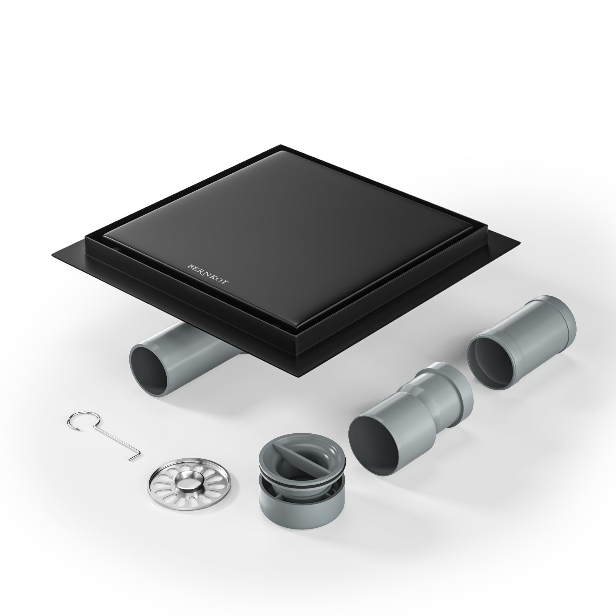 Bernkot Shower Drain Square 20 x 20 cm, 360° Siphon with Odour Stop and Hair Strainer 2-in-1 Tilable Stainless Steel Drain Channel Floor Drain Shower Drain Very Flat DN50 DN40, Black