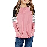SELINK Girl's Casual Big Kids Long Sleeve Striped Color Block Casual Tees with Pockets