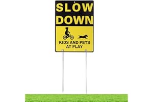 Kichwit Double Sided Aluminum Slow Down Kids and Pets at Play Sign for Neighborhood Street, 15.8" x 11.8", Large Reflective Metal Slow Down Sign with 14" Metal Stakes