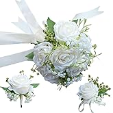 Bride Bouquet Wrist Corsage Groom Boutonniere Wedding Flower Party Decoration (Ivory Set)