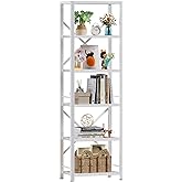 Furologee White Tall Bookshelf, Narrow Bookcase with 6 Shelves, Modern Freestanding Shelf Units, Metal and Wood Display Storage Corner Rack Organizer for Living Room, Home Office, Hallway, Bathroom