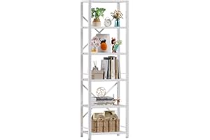 Furologee White Tall Bookshelf, Narrow Bookcase with 6 Shelves, Modern Freestanding Shelf Units, Metal and Wood Display Storage Corner Rack Organizer for Living Room, Home Office, Hallway, Bathroom