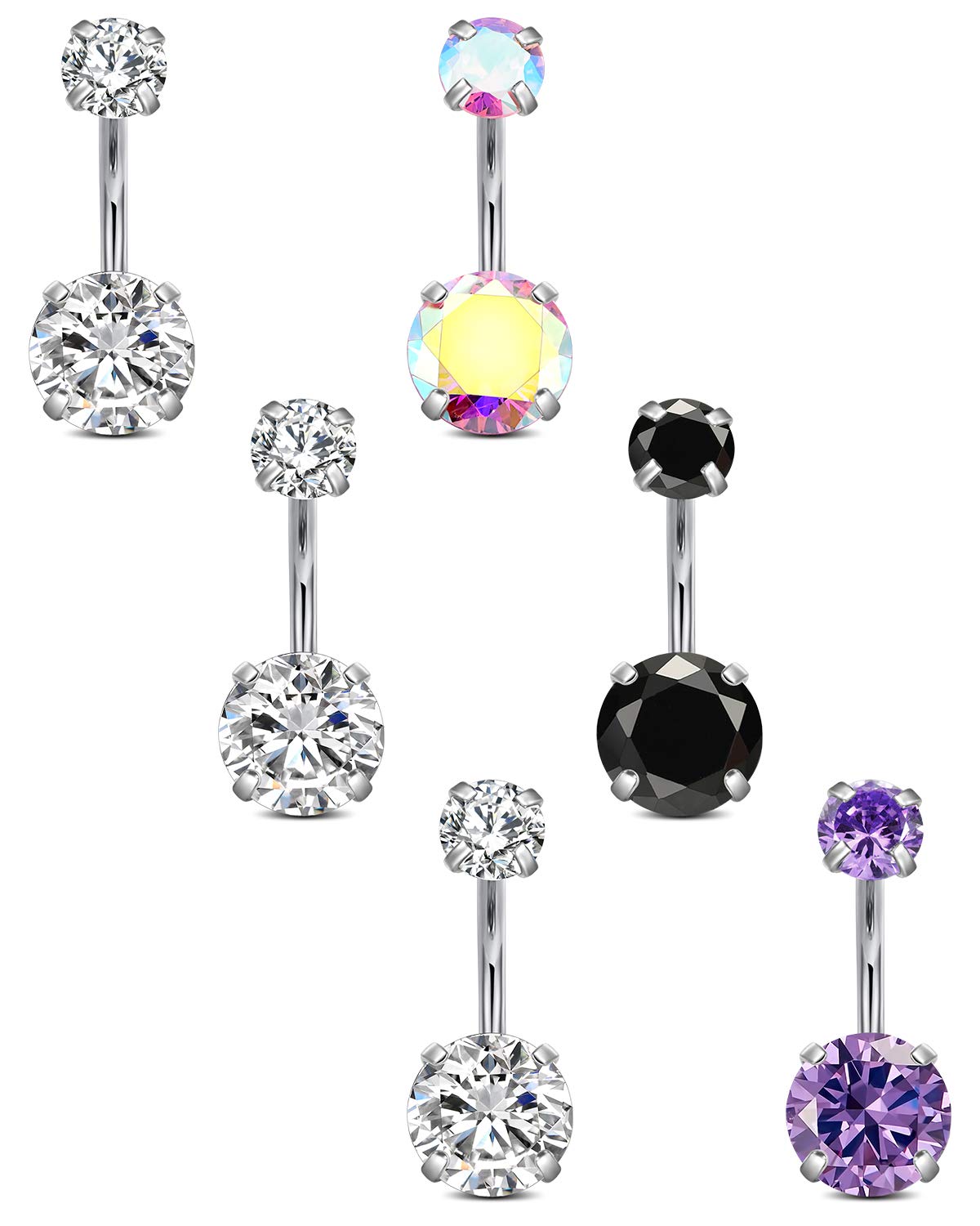 Rajnard 14G Belly Bar Belly Rings Navel Ring bananabells Surgical Steel Diamond CZ top 6Pcs Body Piercing Jewelry for Women