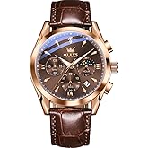 OLEVS Leather Watches for Men, Large Face Waterproof Classic Watches for Men, Casual Round Watch with Date, Luminous Easy Read Mens Dress Watch, Blue/Black/White Dial