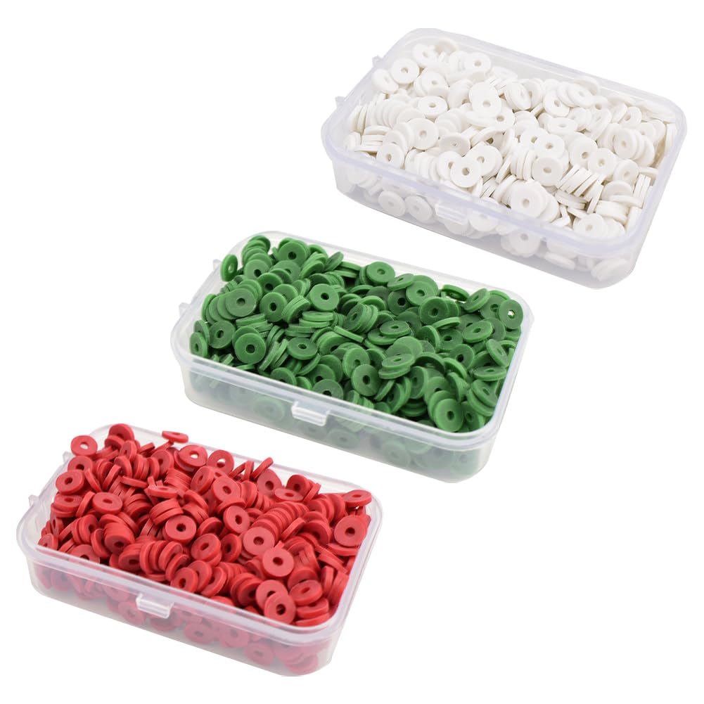 JIHUOO 1500 Pcs 6mm Polymer Clay Beads: Flat Round Bracelet Spacer Heishi & Vinyl Disc Beads for Jewelry Making - Red, Green, White