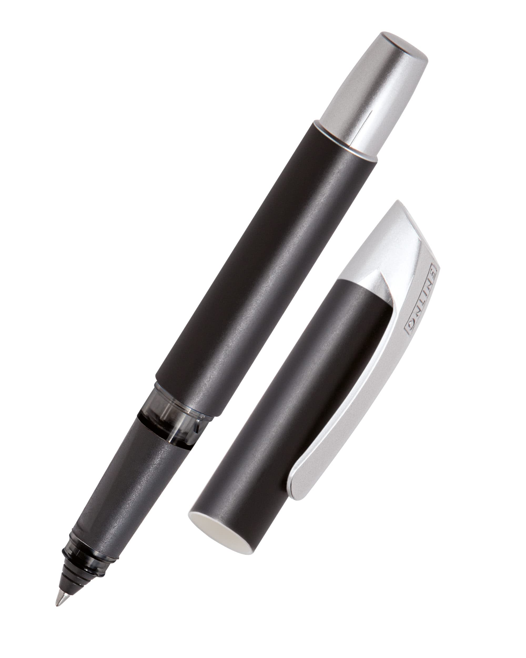 Ergonomic rollerball for school/college - ONLINE Campus Black - for left- and right-handed, soft grip part, for standard ink cartridges, refillable, ideal for beginners/pupils/students