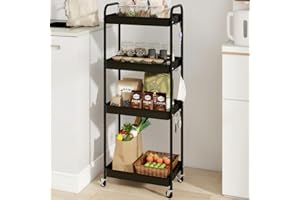 Natwind 4-Tier Metal Rolling Utility Cart, Multifunctional Storage Organizer Cart with Handle and 6 Hooks, Mobile Storage Tro