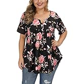 Gocolloa Womens Plus Size Tops Tunic Short Sleeve V Neck Floral Print Shirts Summer Casual Loose Blouse