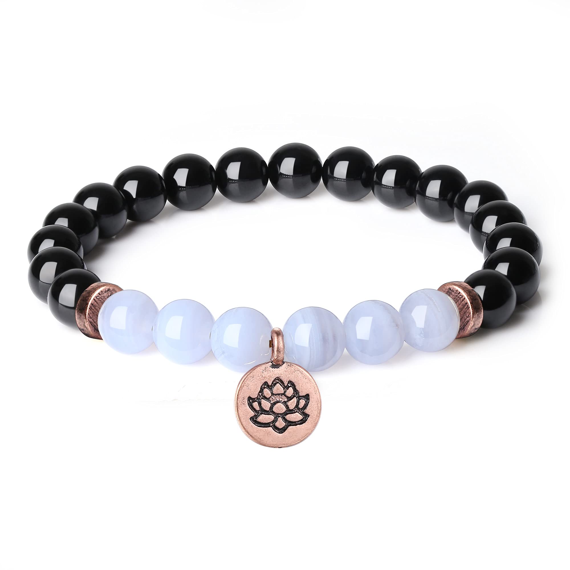 COAI Lotus Stone Beaded Bracelet Blue Lace Agate Black Tourmaline Bracelet for Women