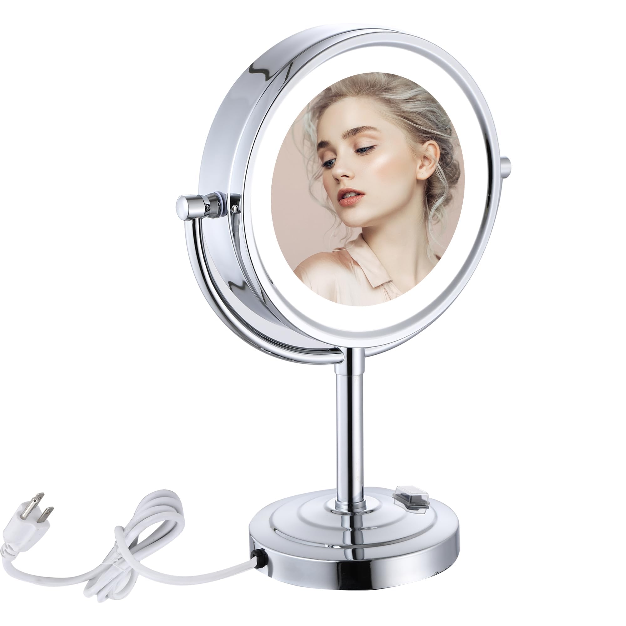 Photo 1 of Cavoli 8.5 inch LED Makeup Mirror with 10X Magnification,has Three Colors Lights,Extendable Bathroom Mirror,Tabletop Two-Sided, Antique Brass Finish(8.5in,10X) (Chrome, 10x Magnification)