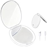Compact Makeup Mirror, Portable 1X 5X Magnifying Makeup Mirror with LED Light, White Small Foldable USB Rechargeable Travel Lighted Make Up Mirrors with 3 Color Lighting Magnification for Purse Pocket