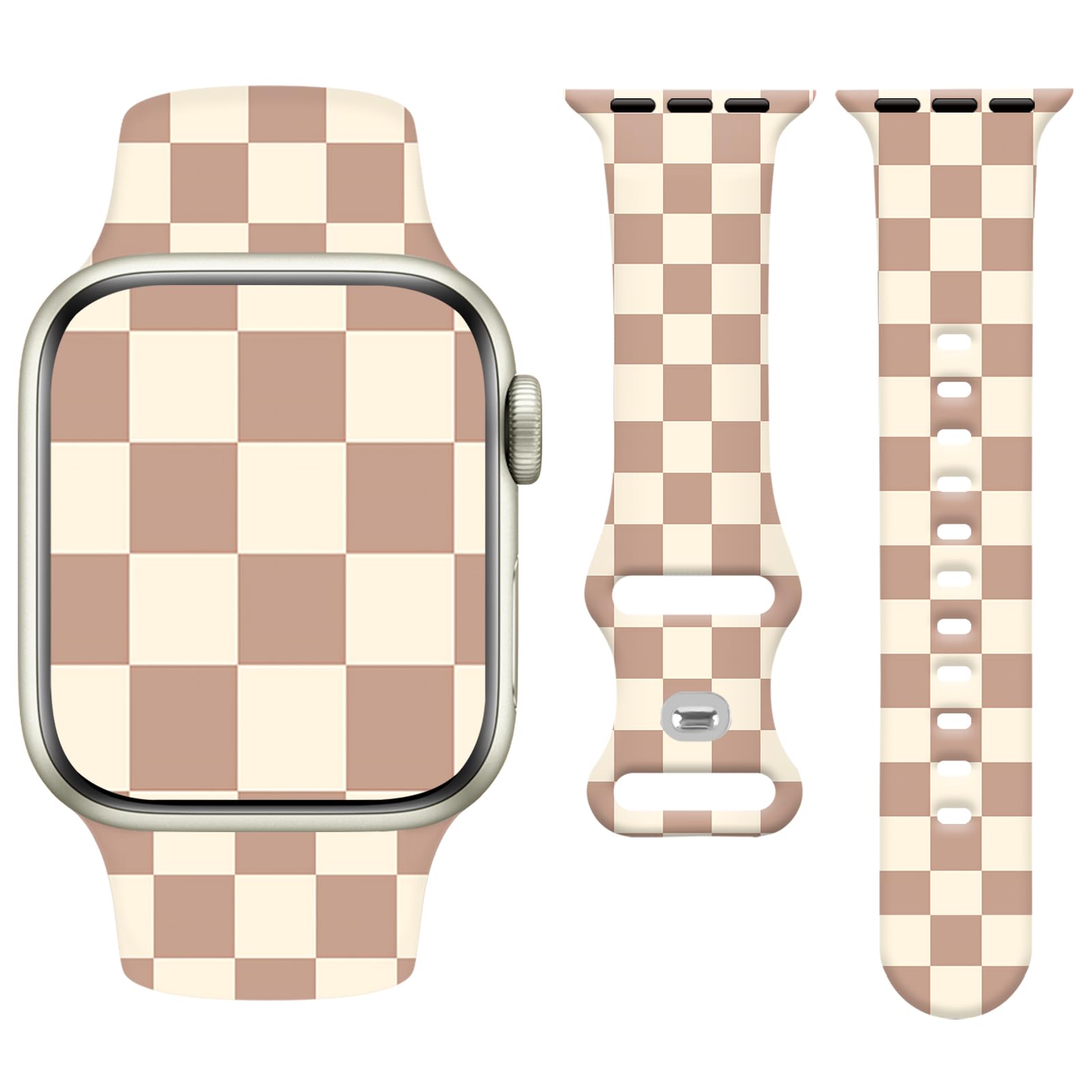 Watbro Cute Watch Band Compatible with Apple Watch Brown White Checkered Strap for Women Man, Soft Silicone Compatible with iwatch Series 11 10 9 8 7 6 5 4 3 2 1 SE Ultra 38 40 41 42 44 45 46 49mm