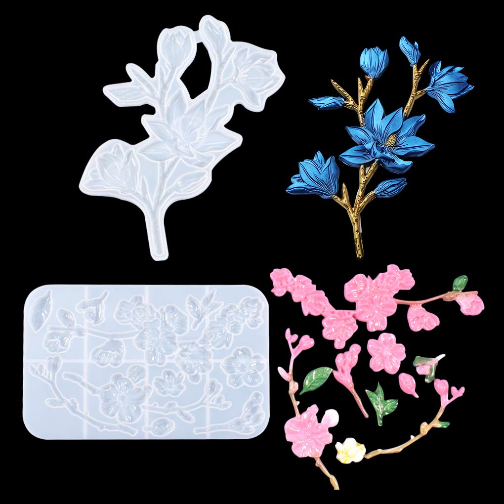 FineInno 2Pcs Flower Resin Moulds Jewelry Making Kit Magnolia Plum Blossom Silicone Mould Cake Decoration Epoxy Molds DIY Art Craft for Fondant Necklace