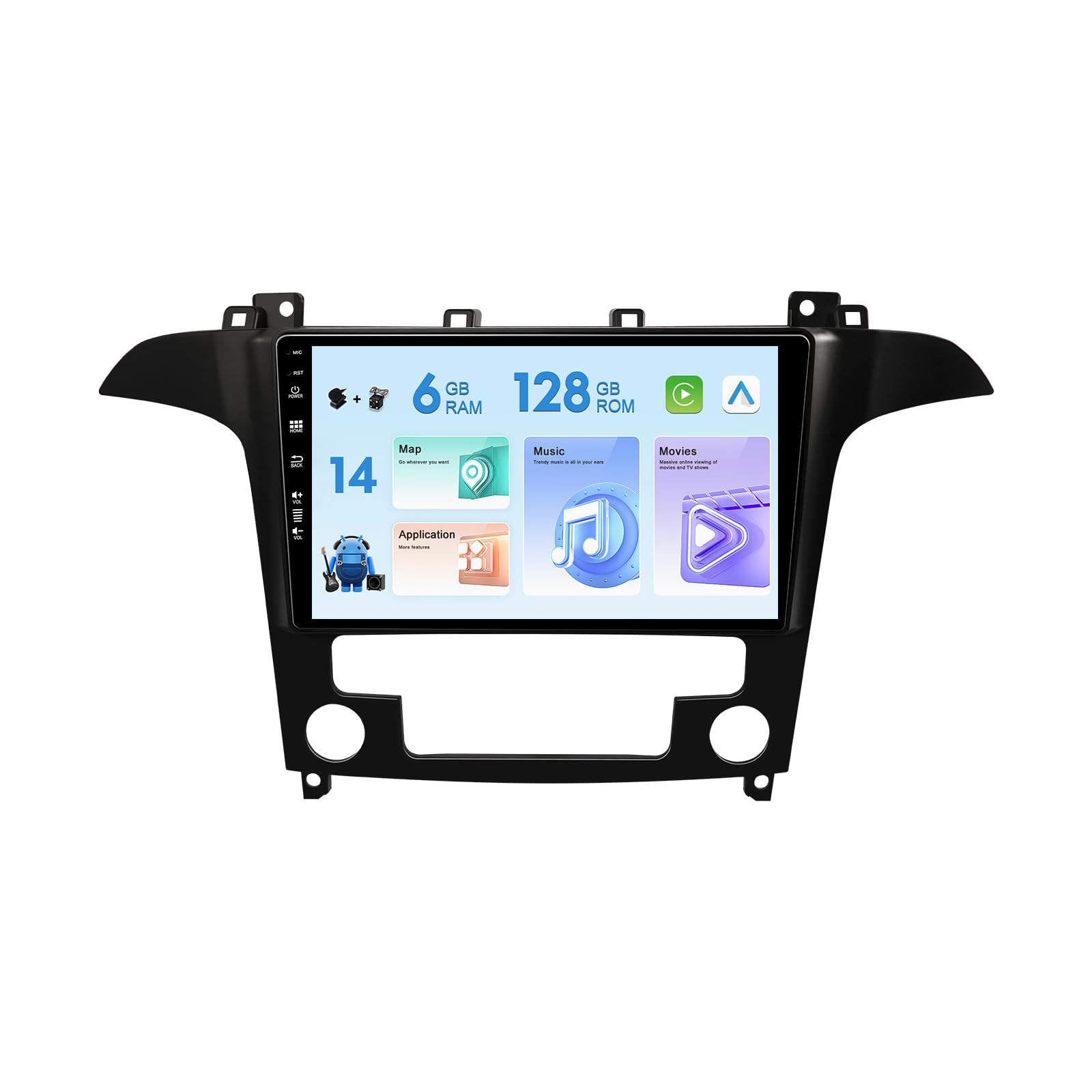9” IPS Touch Screen Android 14 Double Din Car Stereo Head unit for Ford S-Max 2006-2014 - 6G+128G - Support GPS Sat Navi WiFi 4G Bluetooth SWC RDS Carplay -Camera&Mic