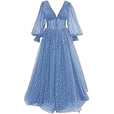 GARDOM Sparkly Starry Tulle Prom Dresses with Sleeves for Teens Long Puffy Sleeve Ball Gown Formal Evening Gown Pockets