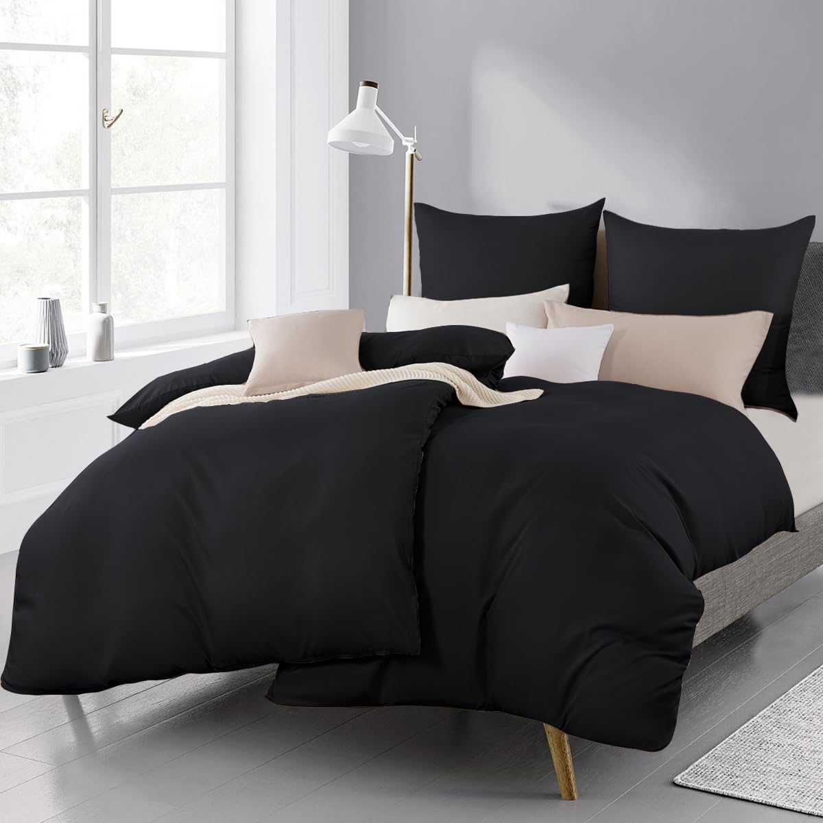 Beqnat Bed Linen 135 x 200 cm 4-Piece Black - Super Soft Double Bed Linen Sets Duvet Cover 135 x 200 cm 4-Piece Pillowcase 80 x 80 cm Set of 2 Premium Microfibre with Zip