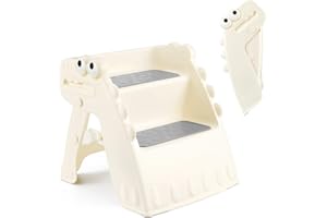 Onasti Toddler Step Stool Foldable Kids Step Stool,Bathroom Stool for Toddlers Non-Slip Toddler Step Stool for Bathroom Sink and Kitchen Counter with Cute Dinosaur Design(White)