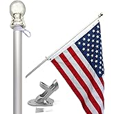 American flag and pole kit set: Includes a 3x5 ft Embroidered US flag made in USA, 6 ft aluminum tangle free spinning flag pole with carabiners, and flagpole holder wall mount bracket (Silver)