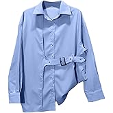 Verdusa Women's Oversized Button Down Shirts Asymmetrical Long Sleeve Shirt Buckle Dressy Casual Blouse