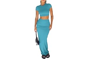 LYBIOGS Two Piece Skirt Set for Women 2 PC Y2K Outfits Short Sleeve Crop Tops Bodycon High Waist Long Maxi Skirts