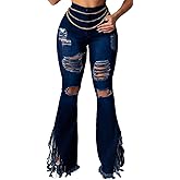 Bell Bottom Jeans for Women Ripped Hole High Waisted Classic Flared Wide Leg Denim Pants