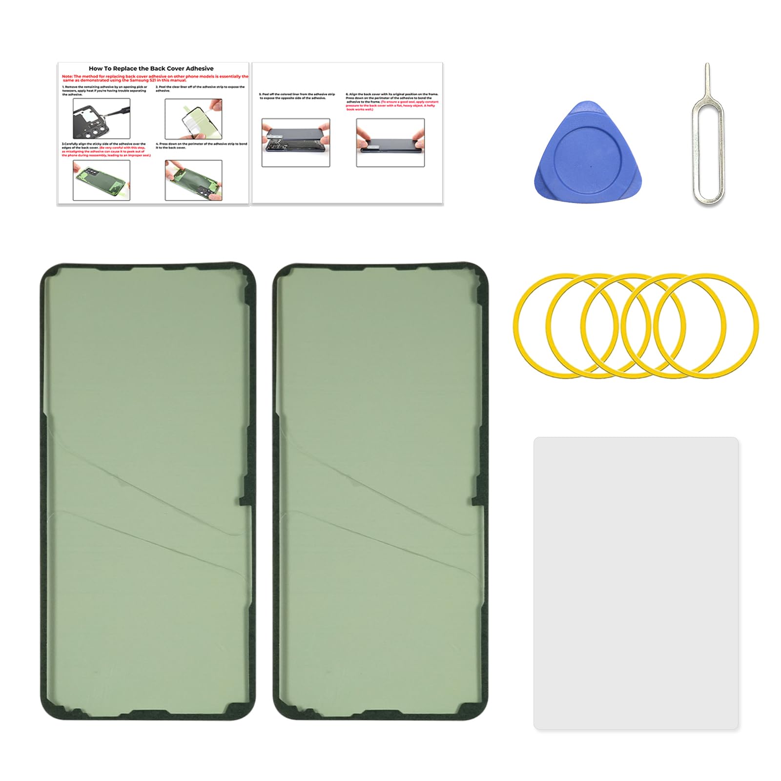 Photo 1 of 2 Pcs Galaxy S21 FE Back Cover Pre-Cut Sticker Tape Replacement, Back Cover Adhesive for Galaxy S21 FE with Tools & Instruction
