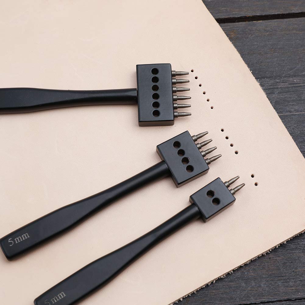 DIUDUS Leather Hole Punch, Prong Punch, Black Hole Punch Tool 5mm, 2/4/6 Lacing Stitching Punch, Round Hole Prong Stitching Chisel Set Leather Working Tools for Leathercraft